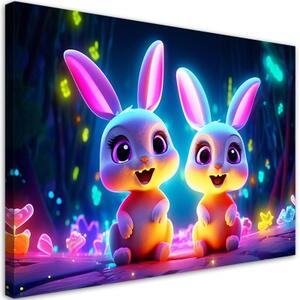 Obraz na plátně, Neonové kreslené králíčky - 100x70 cm