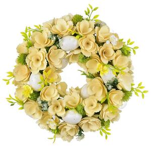 Jarní věnec s dřevěnými květy a vajíčky 30 cm