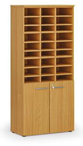 Třídicí regál s dveřmi PRIMO WOOD, 800 x 420 x 1781 mm, 27 přihrádek, buk