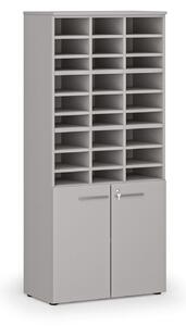 Třídicí regál s dveřmi PRIMO GRAY, 800 x 420 x 1781 mm, 27 přihrádek, šedý