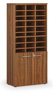 Třídicí regál s dveřmi PRIMO WOOD, 800 x 420 x 1781 mm, 27 přihrádek, ořech