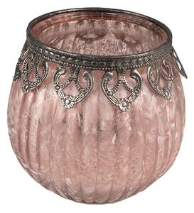 Růžový skleněný svícen na čajovou svíčku se zdobným okrajem – 11x10 cm