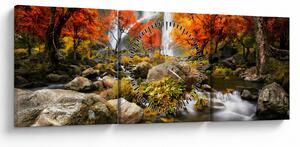 Obraz - Vodopády v oranžovém lese (s hodinami) (90x30 cm)