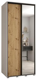 Šatní skříň s posuvnými dveřmi a zrcadlem DAVOS 100cm | Bílá / DUB Artisan / černé pojezdy