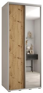 Šatní skříň s posuvnými dveřmi a zrcadlem DAVOS 100cm | Bílá / DUB Artisan / stříbrné