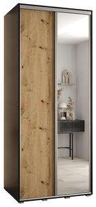 Šatní skříň s posuvnými dveřmi a zrcadlem DAVOS 100cm | Černá / DUB Artisan / stříbrné