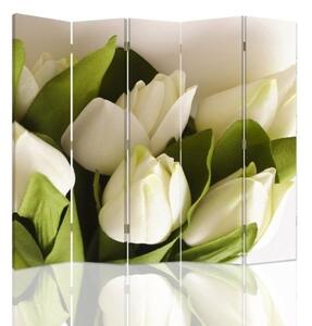 Ozdobný paraván Bílé květy tulipánů - 180x170 cm, pětidílný, klasický paraván