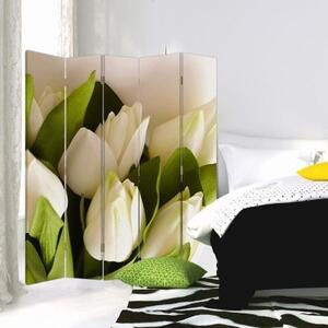 Ozdobný paraván Bílé květy tulipánů - 180x170 cm, pětidílný, klasický paraván