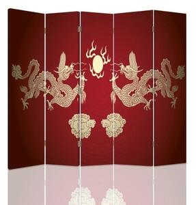 Ozdobný paraván Červený japonský drak - 180x170 cm, pětidílný, klasický paraván