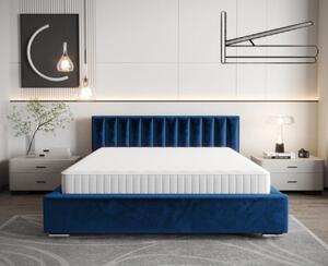 Moderní čalouněná postel s vertikálním prošíváním na čele v modré barvě 180 x 200 cm s úložným prostorem