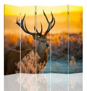 Ozdobný paraván Západ slunce s jelenem - 180x170 cm, pětidílný, klasický paraván