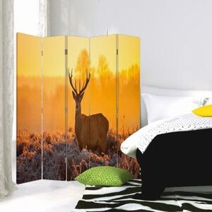 Ozdobný paraván Západ slunce s jelenem - 180x170 cm, pětidílný, klasický paraván