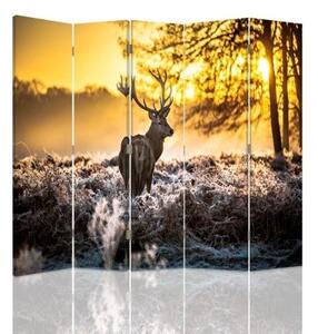 Ozdobný paraván Jelen Západ slunce Příroda - 180x170 cm, pětidílný, klasický paraván