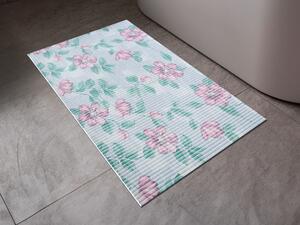 Koupelnová pěnová rohož / předložka PRO-063 Růžové květy na modrém - metráž šířka 65 cm