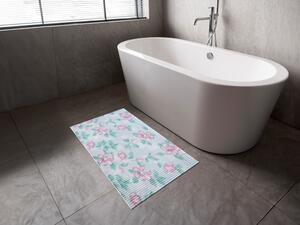 Koupelnová pěnová rohož / předložka PRO-063 Růžové květy na modrém - metráž šířka 65 cm
