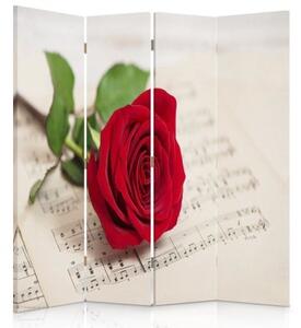 Ozdobný paraván Červená růže květ hudby - 145x170 cm, čtyřdílný, klasický paraván