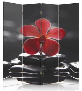 Ozdobný paraván Červený zenový květ - 145x170 cm, čtyřdílný, klasický paraván