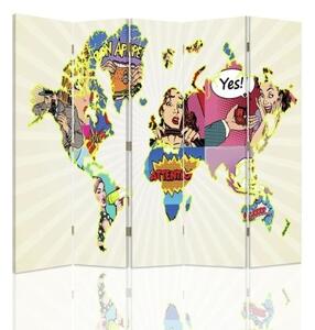 Ozdobný paraván Mapa světa pop-artu - 180x170 cm, pětidílný, klasický paraván