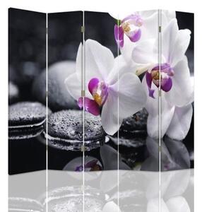 Ozdobný paraván Zenové orchidejové kameny - 180x170 cm, pětidílný, klasický paraván