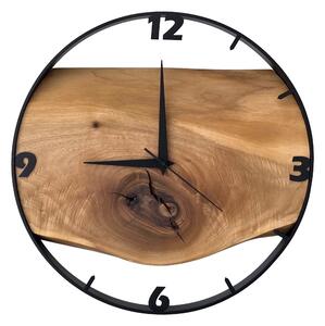 Dřevěné hodiny -35cm, přírodní dřevo - ořech, černý kovový rám (35B2)