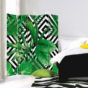 Ozdobný paraván Geometrické listy palmy zelené - 180x170 cm, pětidílný, klasický paraván
