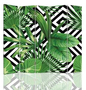 Ozdobný paraván Geometrické listy palmy zelené - 180x170 cm, pětidílný, klasický paraván