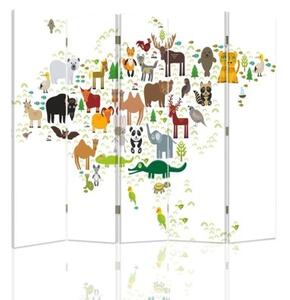Ozdobný paraván, Mapa světa se zvířaty - 180x170 cm, pětidílný, klasický paraván