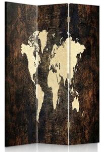 Ozdobný paraván, Mapa světa na tmavých deskách - 110x170 cm, třídílný, klasický paraván