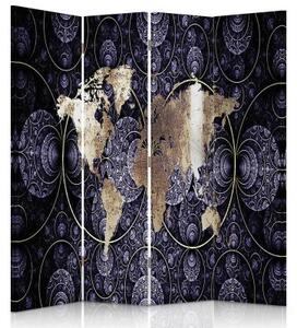 Ozdobný paraván, Elegantní mapa světa - 145x170 cm, čtyřdílný, klasický paraván