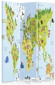 Ozdobný paraván, Mapa světa pro děti - 110x170 cm, třídílný, klasický paraván