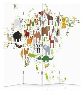 Ozdobný paraván, Mapa světa se zvířaty - 145x170 cm, čtyřdílný, klasický paraván