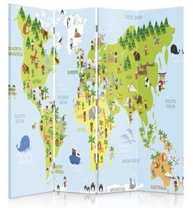Ozdobný paraván, Mapa světa pro děti - 145x170 cm, čtyřdílný, klasický paraván