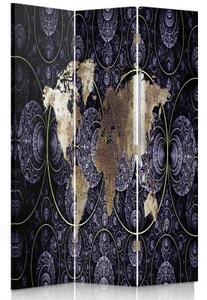 Ozdobný paraván, Elegantní mapa světa - 110x170 cm, třídílný, klasický paraván