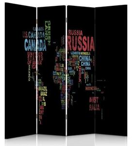 Ozdobný paraván Názvy zemí na mapě světa - 145x170 cm, čtyřdílný, klasický paraván