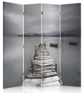 Ozdobný paraván, Most v šedé barvě - 145x170 cm, čtyřdílný, klasický paraván