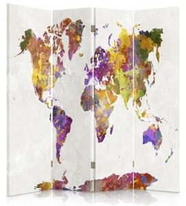 Ozdobný paraván Mapa světa - 145x170 cm, čtyřdílný, klasický paraván