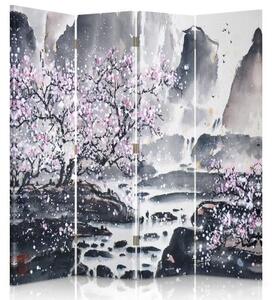 Ozdobný paraván Japonská krajina - 145x170 cm, čtyřdílný, klasický paraván