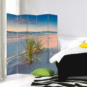 Ozdobný paraván, Fialové světlo nad pláží - 180x170 cm, pětidílný, klasický paraván