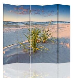 Ozdobný paraván, Fialové světlo nad pláží - 180x170 cm, pětidílný, klasický paraván