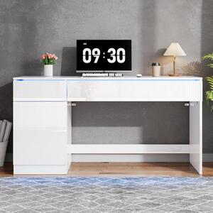 Psací stůl 120x50 cm, s LED osvětlením, 2 zásuvky, 1 dvířka, moderní počítačový stůl, toaletní stolek (bílá barva)