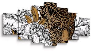 Obraz - Leopard mezi květy (210x100 cm)