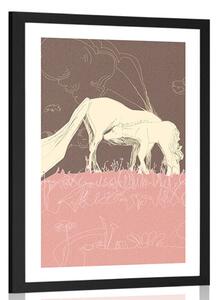 Plakát s paspartou kůň na růžové louce
