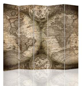 Ozdobný paraván, Starožitná mapa světa - 180x170 cm, pětidílný, klasický paraván