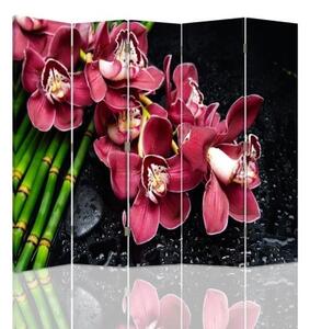 Ozdobný paraván, Orchidej s bambusem - 180x170 cm, pětidílný, klasický paraván