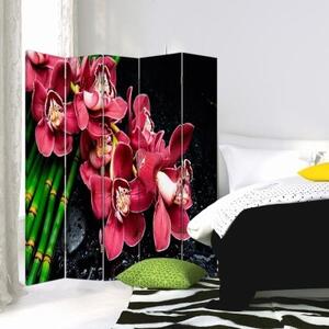 Ozdobný paraván, Orchidej s bambusem - 180x170 cm, pětidílný, klasický paraván