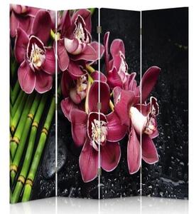 Ozdobný paraván, Orchidej s bambusem - 145x170 cm, čtyřdílný, klasický paraván