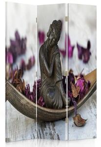 Ozdobný paraván, Buddha ve fialových okvětních lístcích - 110x170 cm, třídílný, klasický paraván