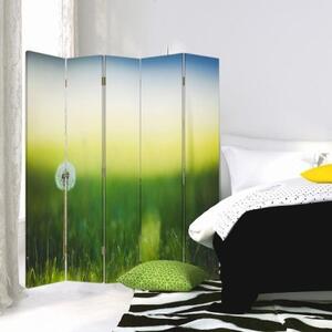 Ozdobný paraván, Pampeliška v zelené trávě - 180x170 cm, pětidílný, klasický paraván