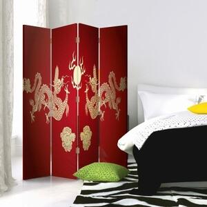 Ozdobný paraván Červený japonský drak - 145x170 cm, čtyřdílný, klasický paraván