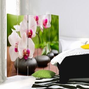 Ozdobný paraván, Orchidej a lesklé kameny - 180x170 cm, pětidílný, klasický paraván